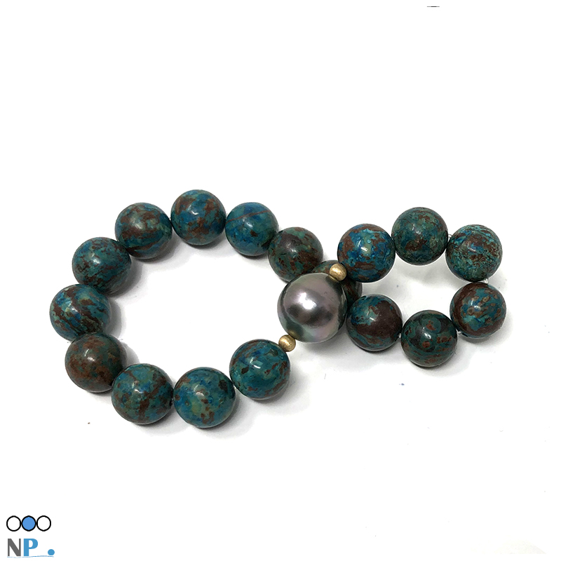 bracelet de perle de tahiti avec Pierres semi-précieuses Chrysocolle et bille d'or 18 carats